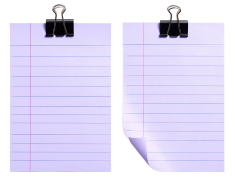 Two lined paper sheets, clipped together.  One sheet has a corner bend