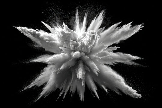 White dust powder explosion creating abstract dynamic effect on black background