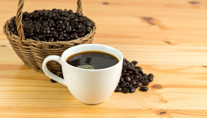 Cup of dark coffee and beans