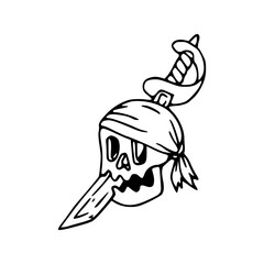 pirate skull with sword outline drawing