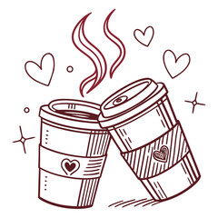 Two romantic coffee cups with steam and hearts drawn in a simple outline style perfect for cafes and love themed designs