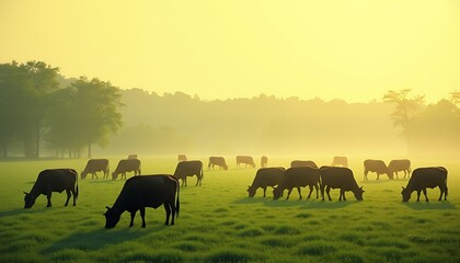 Cattle grazing in a misty yellow sunrise meadow cows pasture