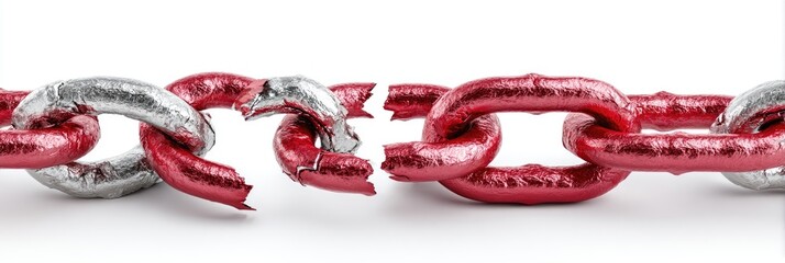 A detailed shot of a broken chain; some links are silver, others red. White background