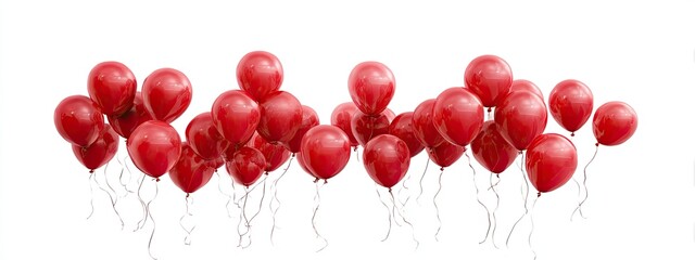 A collection of red, spherical balloons floating with strings against a bright white background