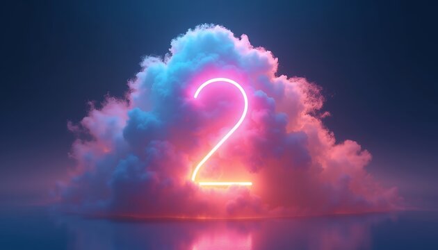 Glowing neon number two emerging from colorful clouds image - Powered by Adobe