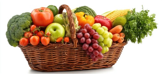 A woven basket brimming with colorful fruits and vegetables, showcasing a vibrant, healthy harvest