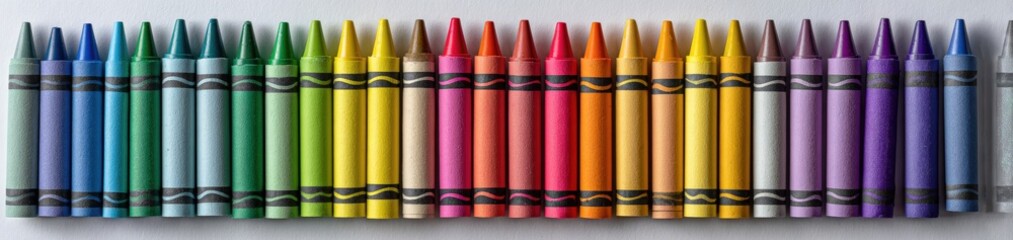 A line of colorful wax sticks aligned horizontally, spanning a spectrum of hues