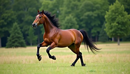 Majestic brown horse galloping through a grassy field with trees black mane black tail