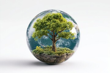 Miniature earth globe with a thriving tree inside, a symbolic representation of nature