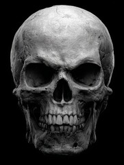 Angry black and white skull with menacing expression, detailed gothic style, dark horror concept, high contrast illustration, spooky Halloween or fantasy design for eerie atmosphere