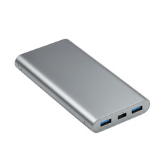 Sleek silver portable power bank with multiple usb ports isolated on transparent background