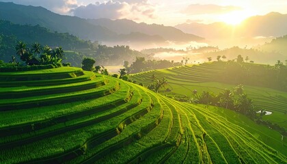 Aerial View of Bright Green Rice Terraces with Distant Hills and Rising Sun Creating a Glowing Landscape in Morning Light