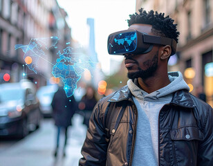 Young man using smart AR glasses to navigate city streets, holographic map overlay, urban background, cinematic realistic
