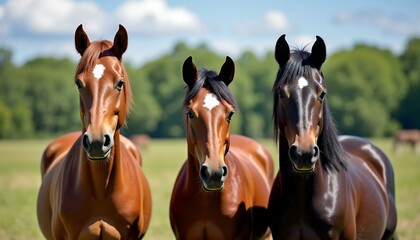 Three horses in a field brown horses black horse