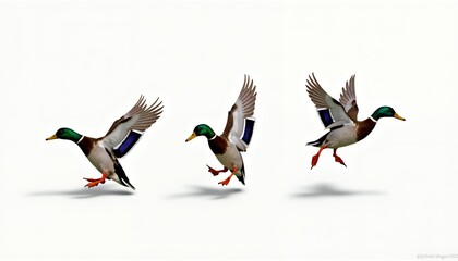 Obraz premium Three mallard ducks in flight with wings spread flying green heads