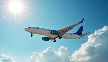 Obraz premium White airplane flying through bright blue sky with sun and clouds aircraft