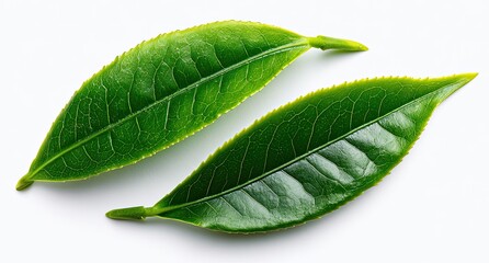 Two vibrant green tea leaves on a stark white background, showcasing detailed texture