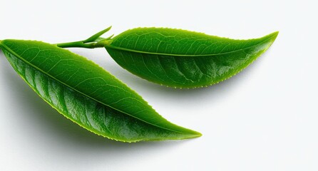 Two bright green tea leaves with serrated edges lie against a clean white background