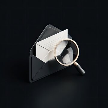 3D rendered dark gray envelope with a white letter, under a magnifying glass, on a black background