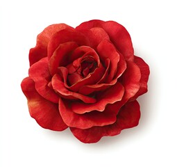 Close-up of a vibrant red rose in full bloom, isolated on a white background