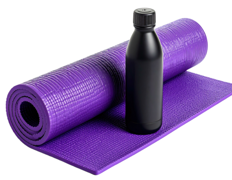 Rolled purple yoga mat and black water bottle
