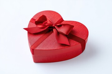 A red heart-shaped gift box with a satin ribbon and bow, resting on a white surface