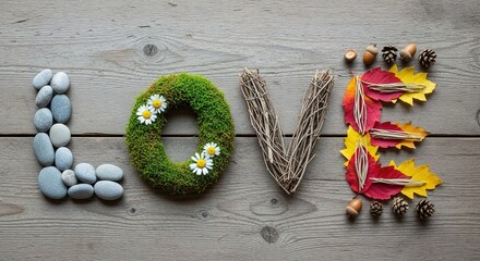 "LOVE" spelled with stones, moss, twigs, and autumn leaves on ru