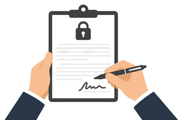 Signing a confidentiality agreement or non-disclosure agreement (NDA). Man holds information consent. Pen in hand signing papers. Clipboard with document and signature. Data protection.
