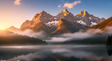 Grand teton national park at sunrise with fog over the lake and golden light on the mountains, a serene and majestic landscape view
