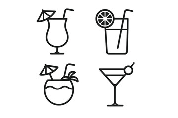 Set of summer cocktails. Tropical drinks in different glasses. Coconut, martini, juice. Bar menu icons. Line art for beach party. Editable stroke vector graphic element.