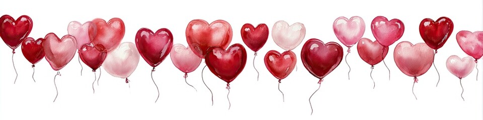 Watercolor heart balloons in varying shades of red and pink float against a clean white background