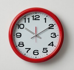 A round, red-framed analog wall clock with black numerals against a white face