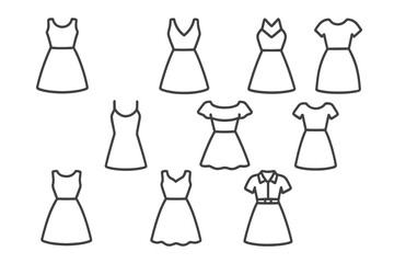 Set of dress line icons. Woman fashion symbol collection. Female summer clothes, casual apparel, and simple cocktail outfit silhouettes. Vector for boutique logo or web design.