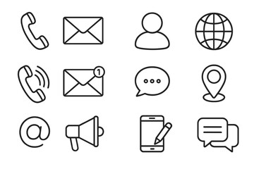 Set of contact us line icons. Communication and customer service concepts. Includes phone, email, chat, location, and web symbols. Vector illustration with editable stroke.