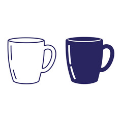 Two vector illustrations of coffee mugs in line art and solid dark blue color