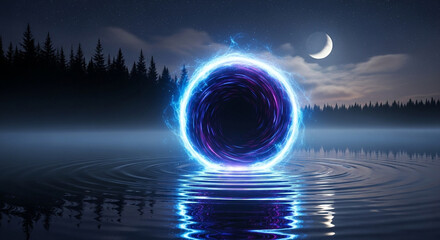 A mesmerizing portal shimmers above a tranquil lake under a starry night sky, reflecting the ethereal glow of the moon and the unknown beyond