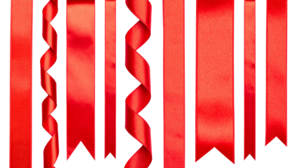 Cut out image of red satin ribbons, smooth straight and curling tapes. Glossy silk ribbons for holiday gift box, decor.	