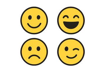 Fototapeta premium Emoji face vector icon set. Emoticon collection with different emotions: happy, sad, wink, smile. Flat cartoon character symbol. Minimalist graphic design element isolated.