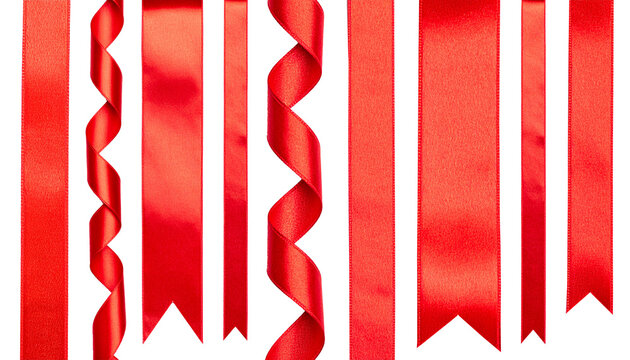 Cut out image of red satin ribbons, smooth straight and curling tapes. Glossy silk ribbons for holiday gift box, decor.	