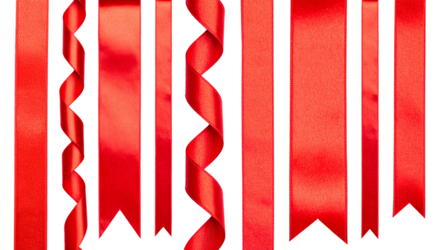 Cut out image of red satin ribbons, smooth straight and curling tapes. Glossy silk ribbons for holiday gift box, decor.	