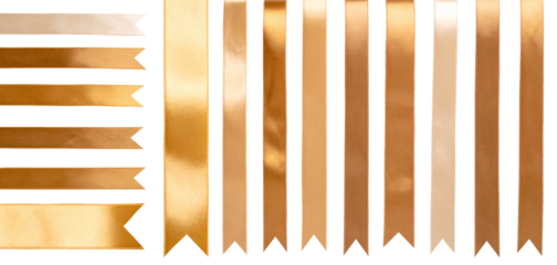 Big collection of golden satin ribbons, smooth straight tapes. Cut out image of glossy silk ribbons for holiday gift box, decor.	