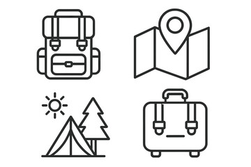 Travel and camping line icon set. Backpack, suitcase, map with pin and tent symbols. Vector pictograms for tourism, hiking, vacation, and adventure concepts. Minimal outline.