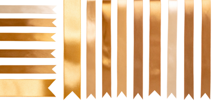 Big collection of golden satin ribbons, smooth straight tapes. Cut out image of glossy silk ribbons for holiday gift box, decor.	