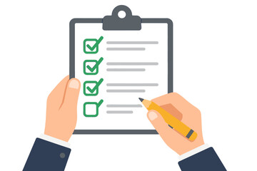 Businessman hand holding clipboard with checklist and pencil. Filling survey form. To do list, task completed concept. Project management, goal achievement, and success.