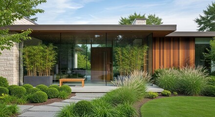 Fototapeta premium Modern architectural design showcases a minimalist aesthetic with a combination of wood and glass features, lush greenery, and an inviting entrance way.