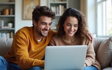 Young couple using laptop at home. High quality