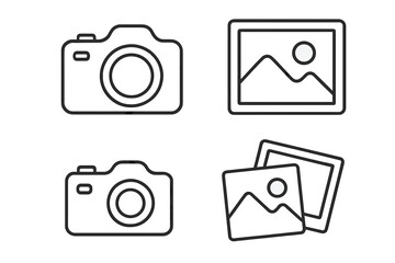 Camera and photo outline icon set. Vector line art collection. Photography, picture, image, gallery symbols. Editable stroke. Simple icons for web, UI, UX, mobile app.