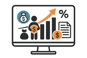 Financial high return on investment concept. Income increase strategy with revenue growth chart on screen. Fund raising, interest rate, loan installment and credit money.