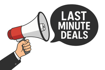 Last minute deals announcement. Hand with megaphone, loudspeaker. Promotion, sale, discount advertising banner. Special offer communication concept. Marketing message vector illustration.