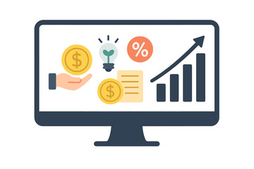 Income increase strategy on monitor. Financial high return on investment concept. Fund raising and revenue growth. Interest rate, loan installment, credit money and analytics.